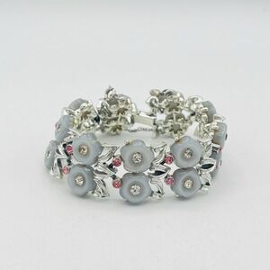 Vintage Star Bracelet Gray Blue Thermoset Pink Rhinestone Silver Moonglow Floral